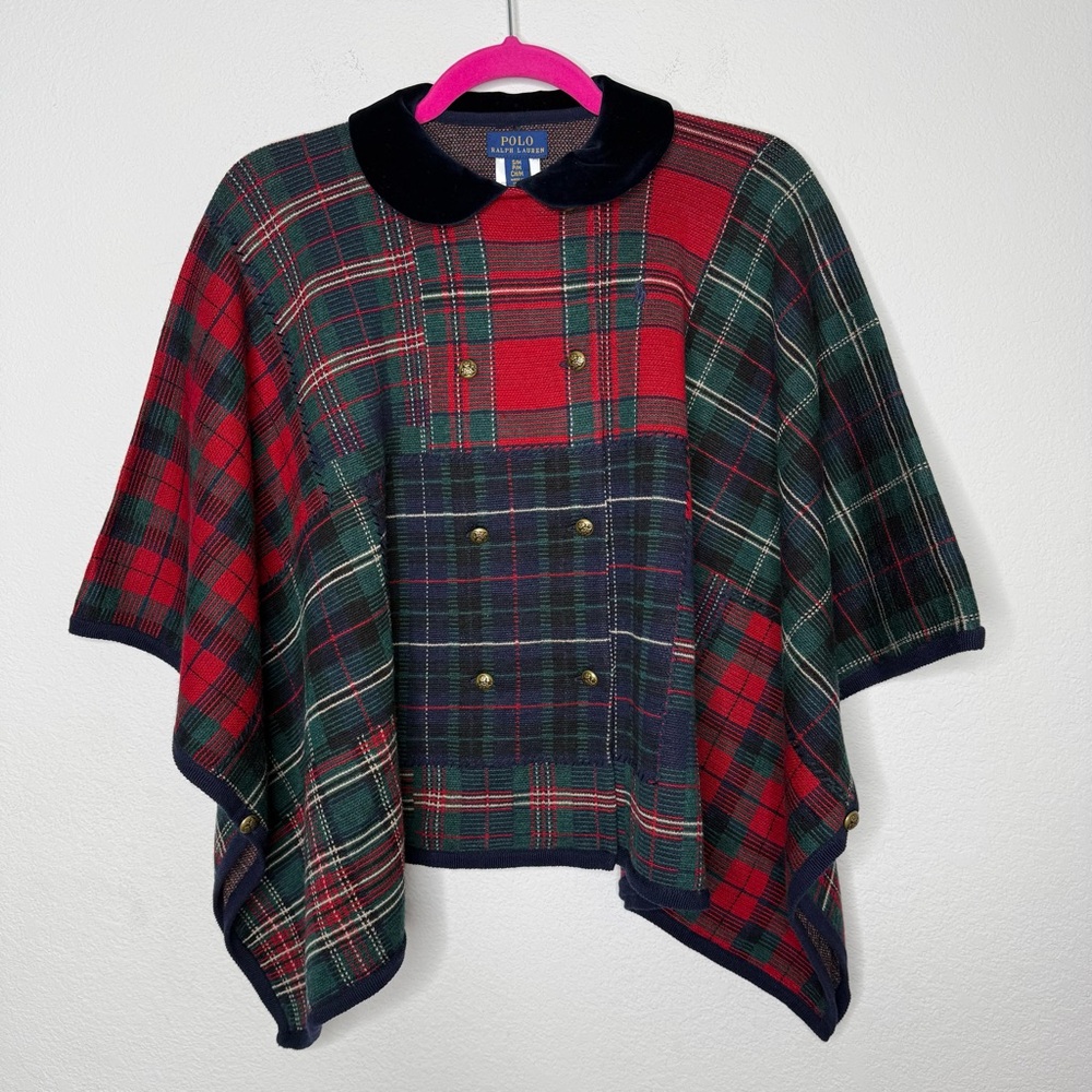 Polo by Ralph Lauren Girls Patchwork Plaid Wool Poncho Size S/M NWT - Picture 3 of 11